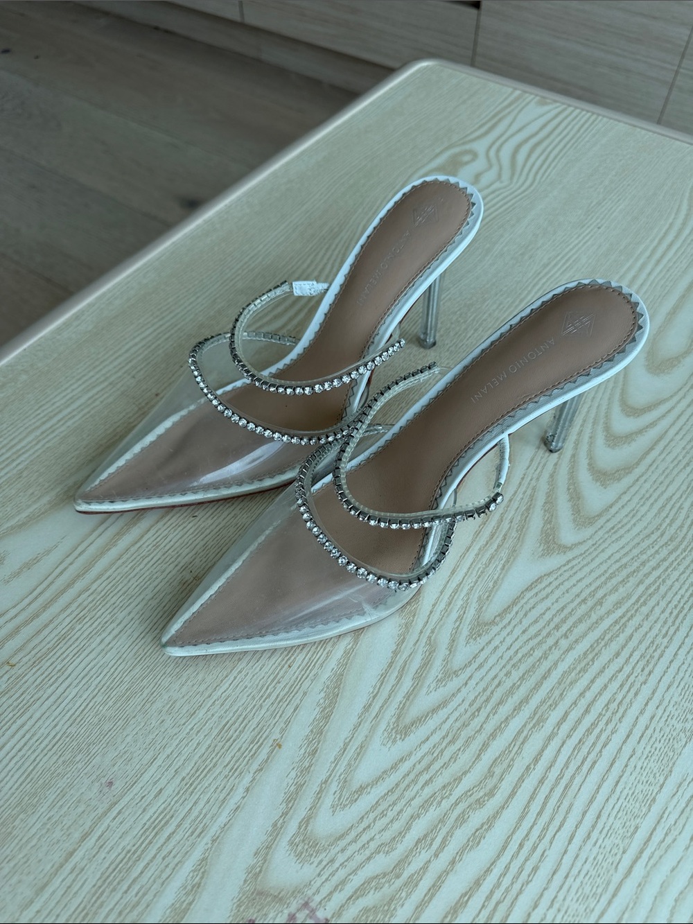 ANTONIO MELANI Silver Pointed Rhinestone Strap Stiletto Mules